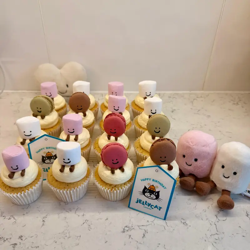JellyCat-themed personalised cupcakes with frosting